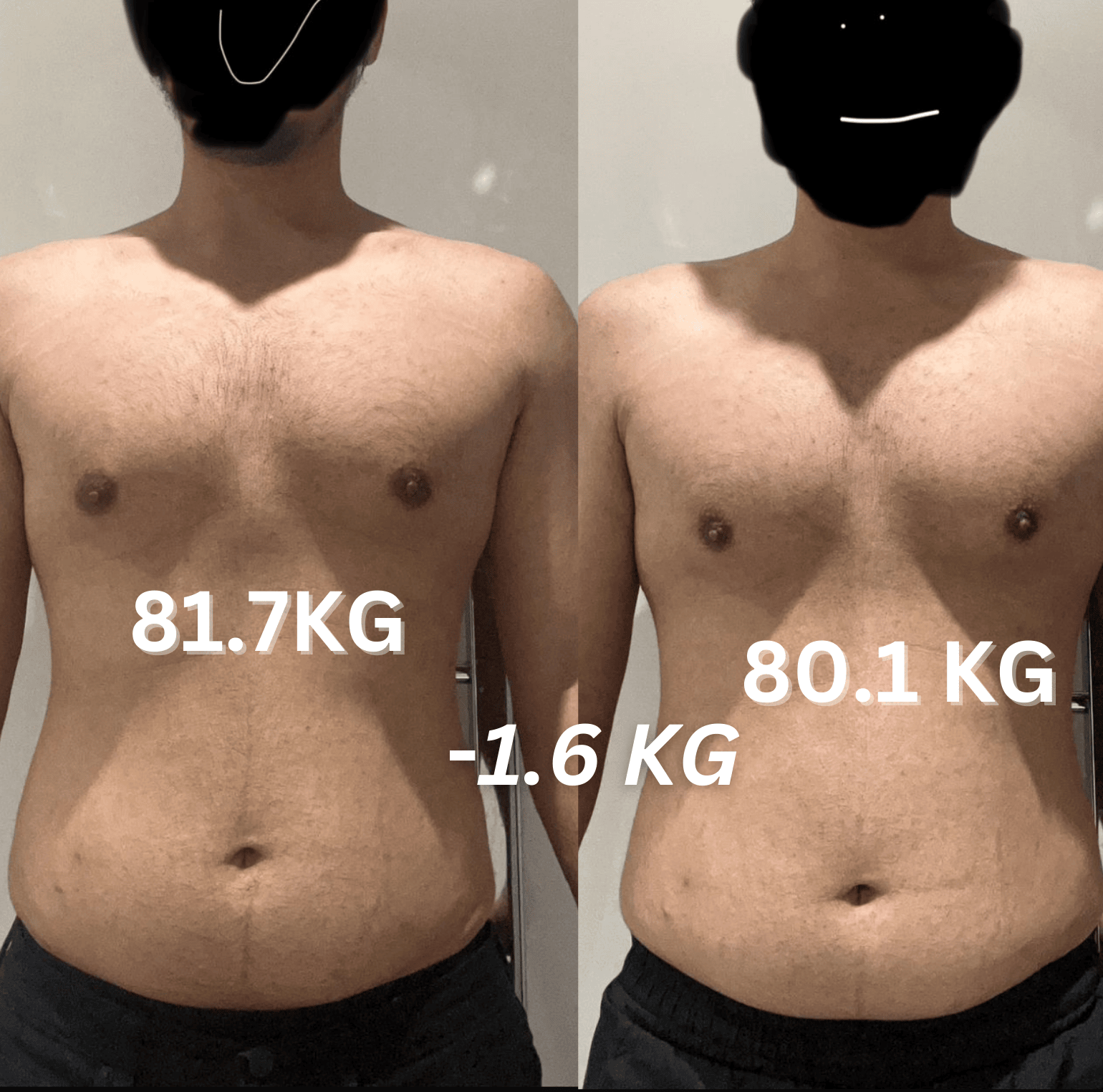 55kg to 60kg, 5kg lean muscle gain